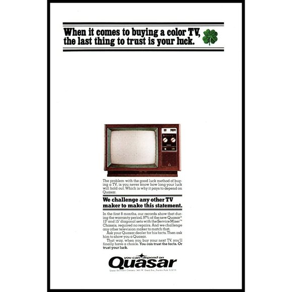 Quasar Art 976 Quasar Television Color Tv Vintage Print Ad Luck